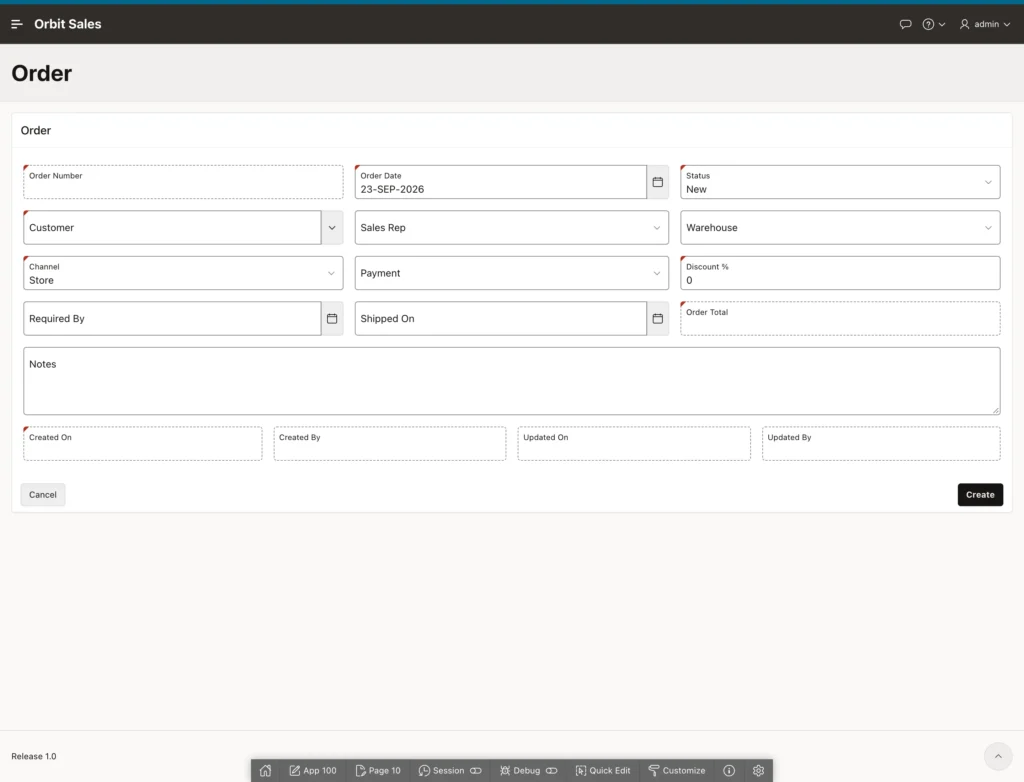 A new empty order form in Oracle APEX