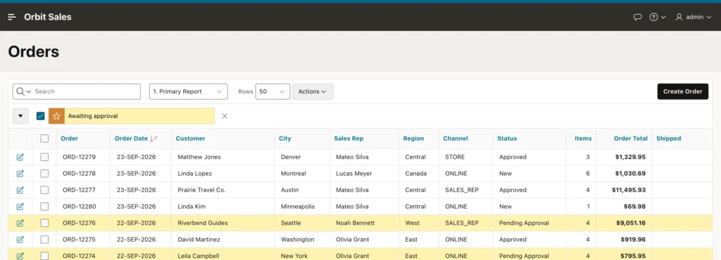 An orders report with a Create Order button in Oracle APEX