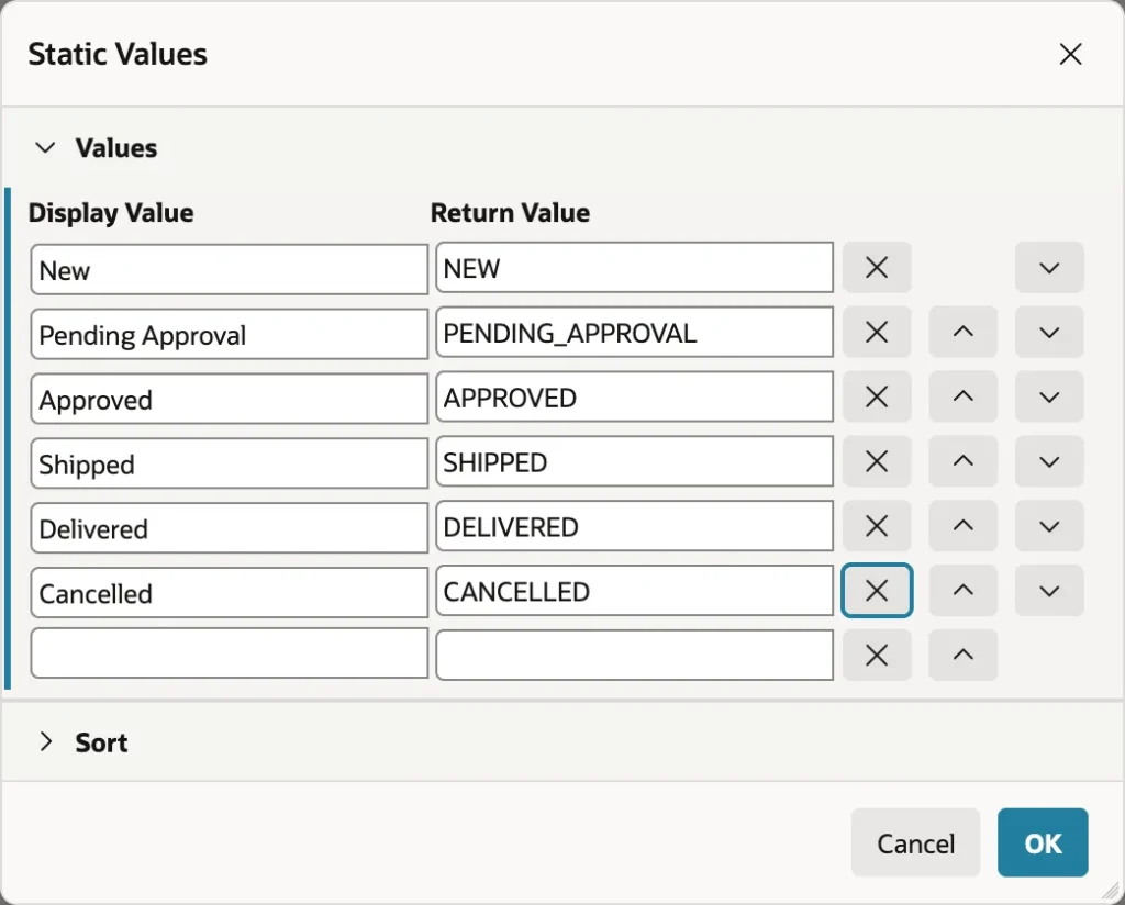 Entering static values for a select list in Oracle APEX