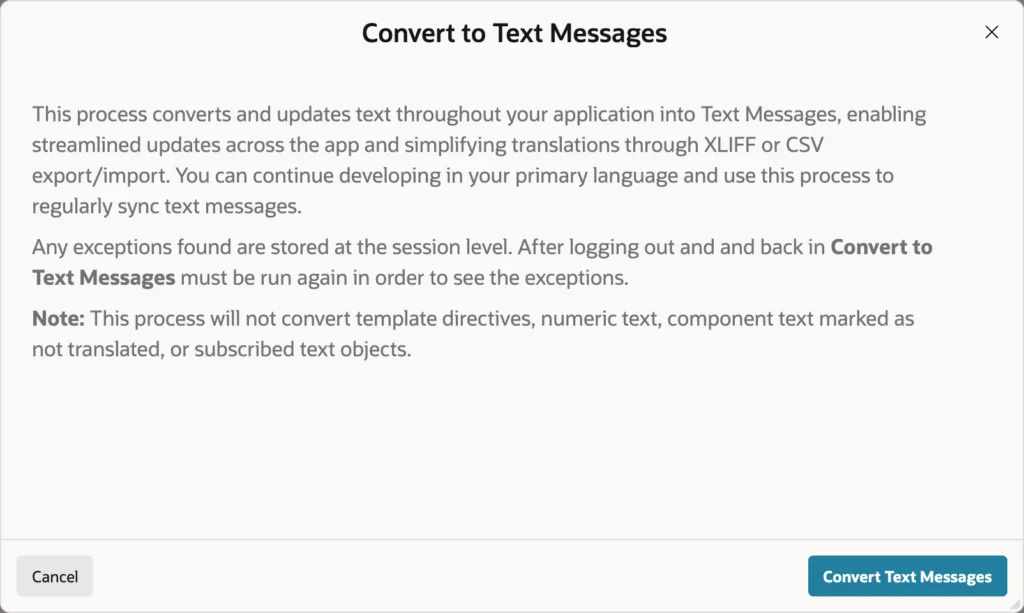 Converting application texts to text messages in Oracle APEX