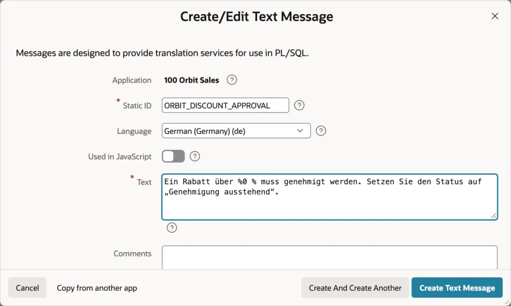 Creating a translated text message in Oracle APEX
