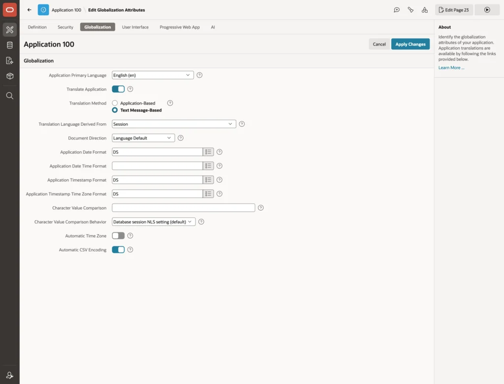 The globalization attributes of an Oracle APEX application