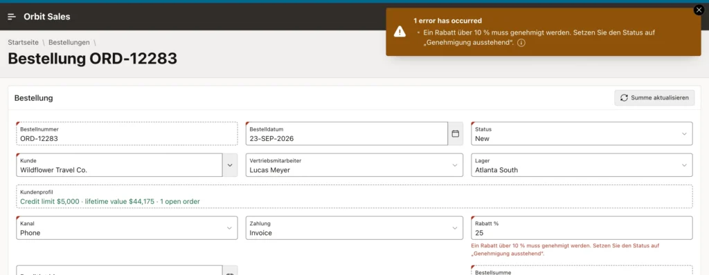 A validation error message shown in German in Oracle APEX