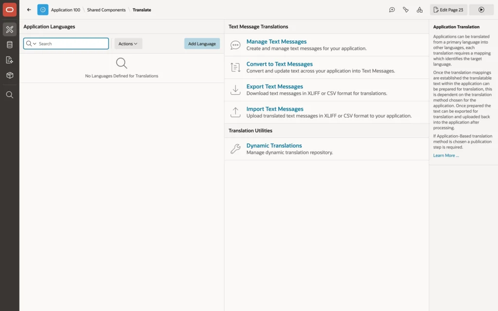 Application translations with the text message method in Oracle APEX