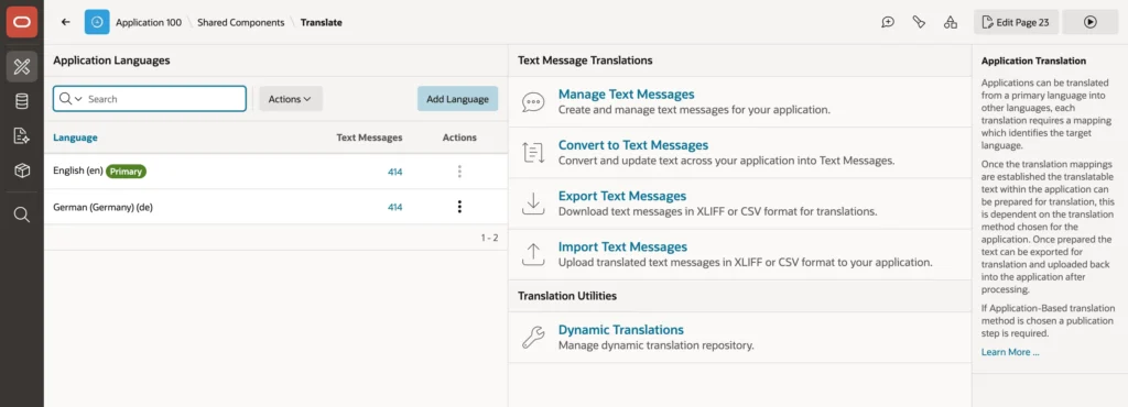 Languages listed with their text message counts in Oracle APEX