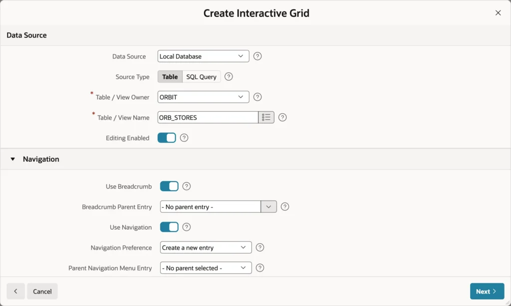 Creating an editable interactive grid in Oracle APEX