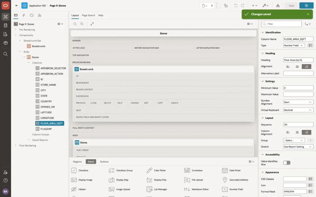 An interactive grid open in Oracle APEX Page Designer