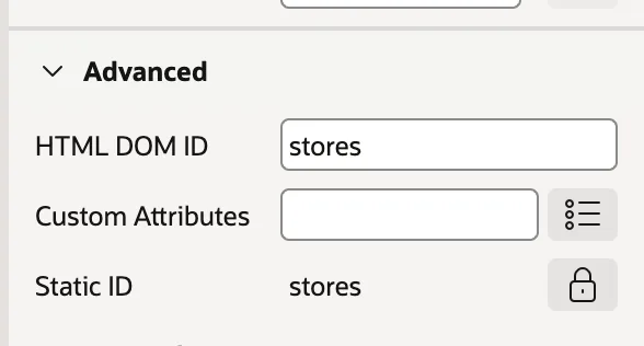 The HTML DOM ID and Static ID properties of an interactive grid in APEX 26.1
