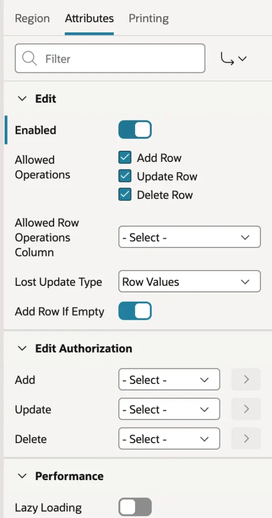 The Edit attributes of an interactive grid in Oracle APEX