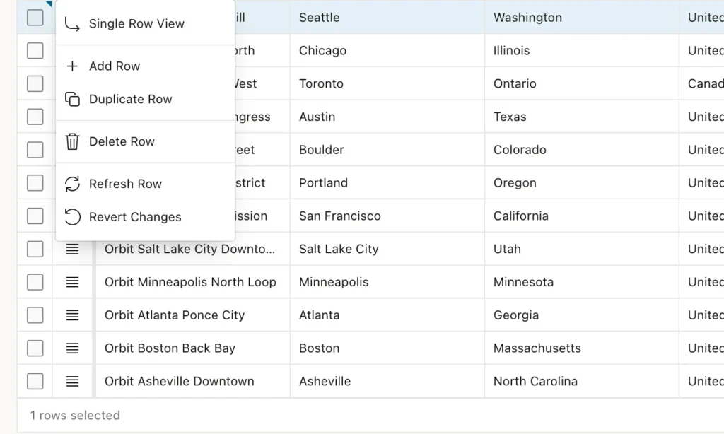 The row actions menu of an Oracle APEX interactive grid