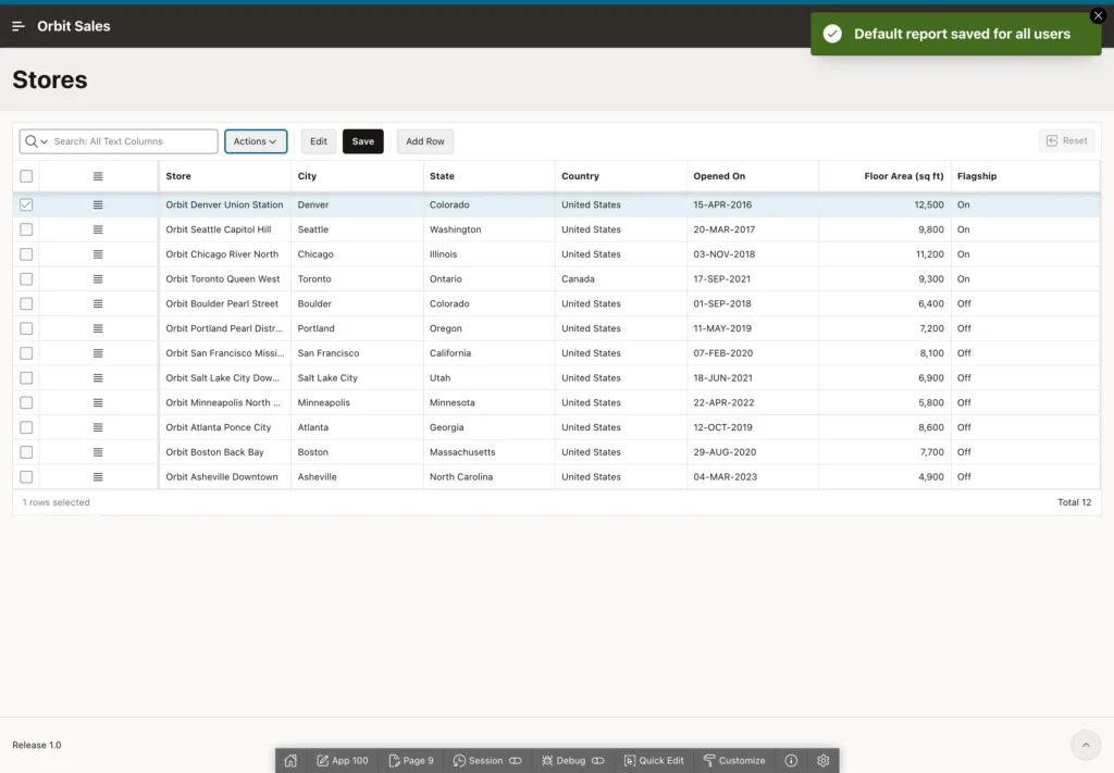 An editable interactive grid running in an Oracle APEX application