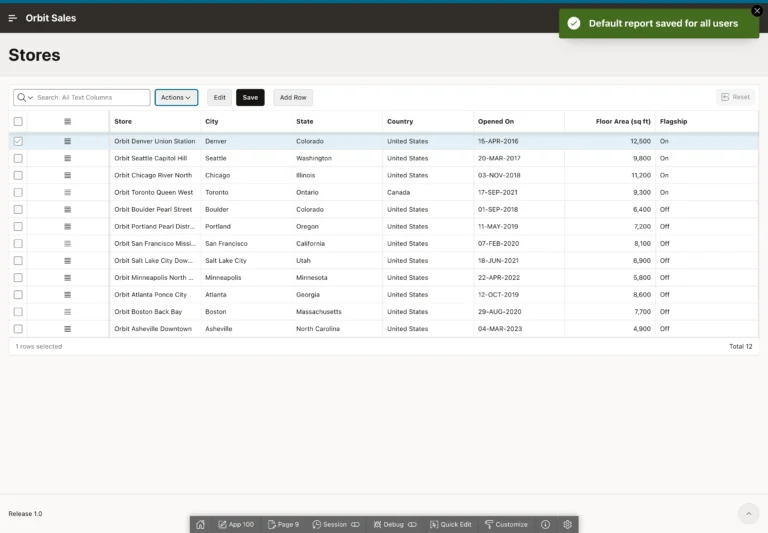 An editable interactive grid running in an Oracle APEX application
