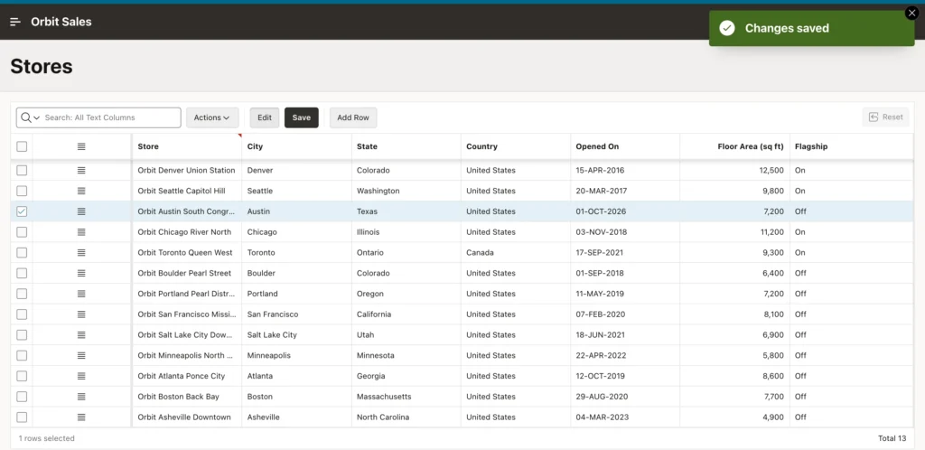 An interactive grid after saving a new row in Oracle APEX