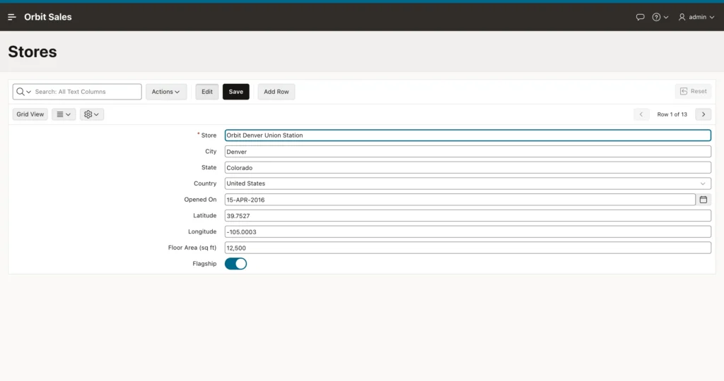 The single row view of an interactive grid row in Oracle APEX