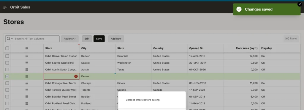 A validation error marked on a cell in an Oracle APEX interactive grid