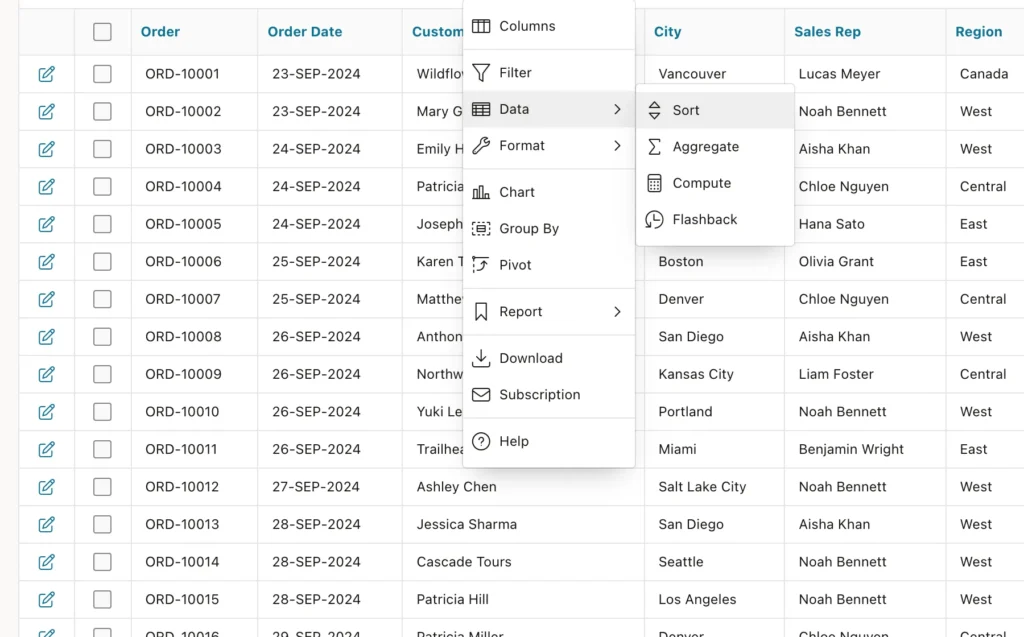 The Actions menu of an interactive report in Oracle APEX