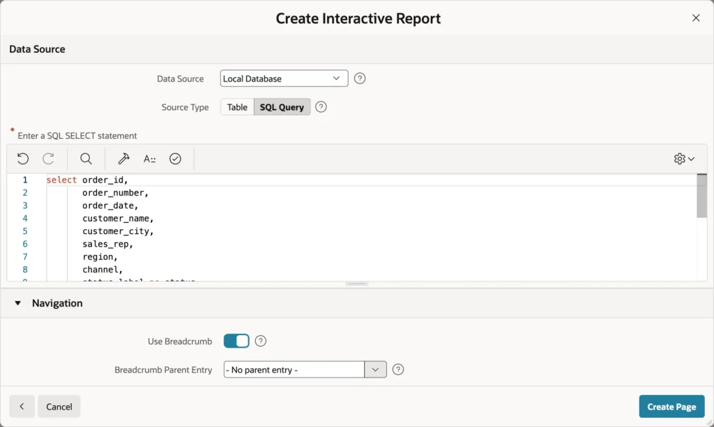 Creating an interactive report page in Oracle APEX
