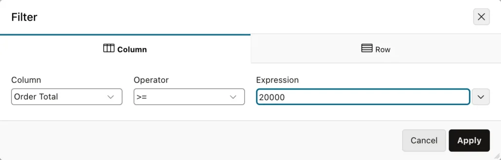 The filter dialog of an Oracle APEX interactive report