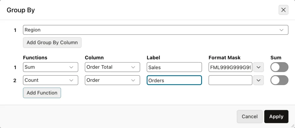 The Group By dialog of an Oracle APEX interactive report