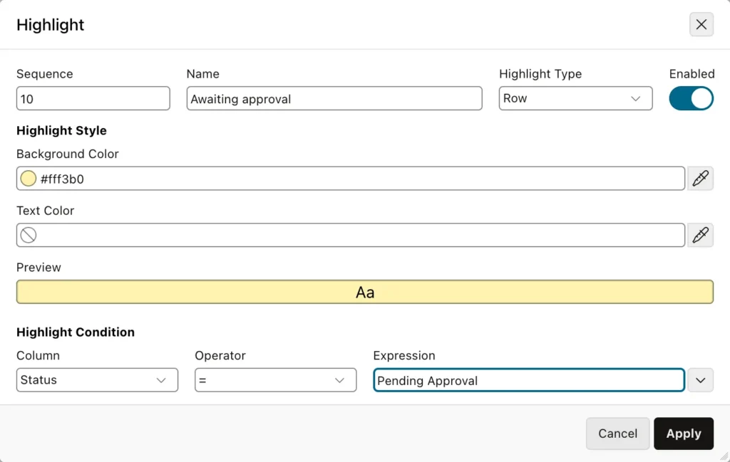 The highlight dialog of an Oracle APEX interactive report