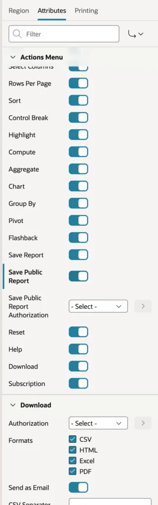 Download formats and Actions menu attributes in Oracle APEX