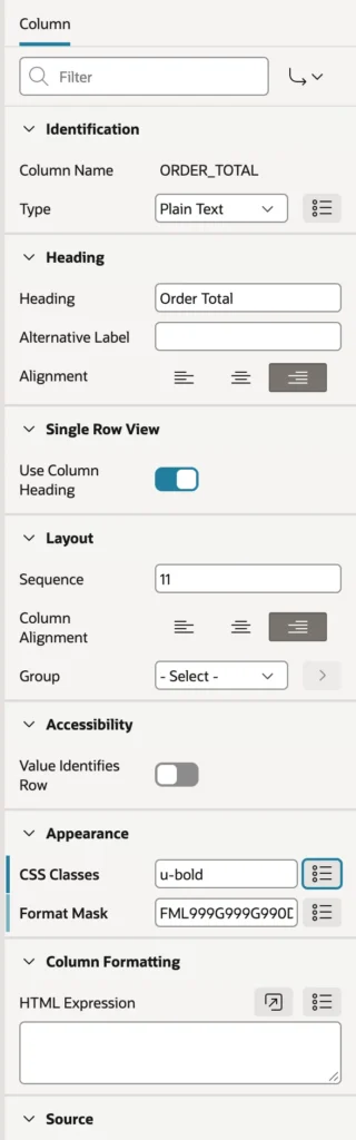 Column properties of an interactive report in Oracle APEX
