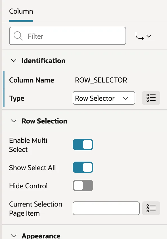 Configuring a row selector column in an Oracle APEX interactive report