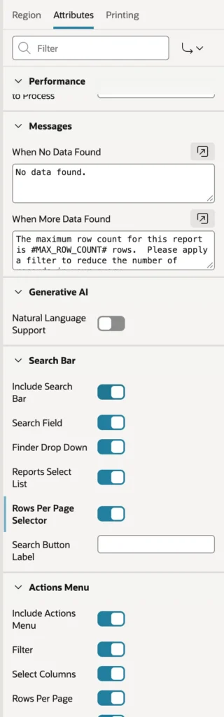 Search bar and Actions menu attributes of an Oracle APEX interactive report