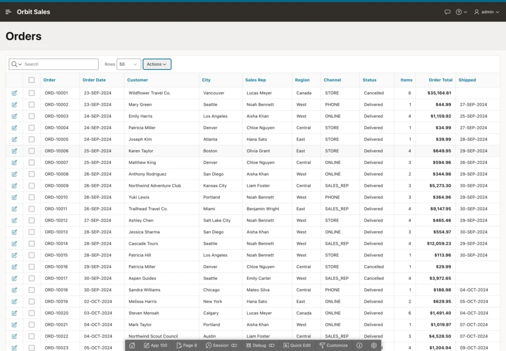 An interactive report running in an Oracle APEX application