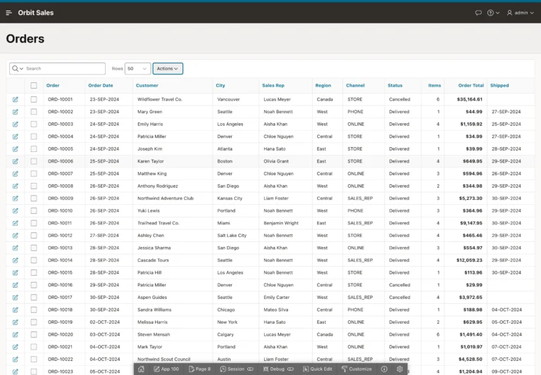 An interactive report running in an Oracle APEX application