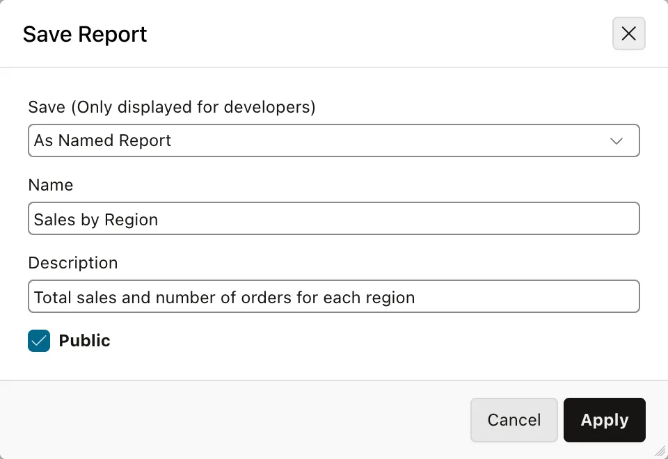 Saving a public named report in Oracle APEX
