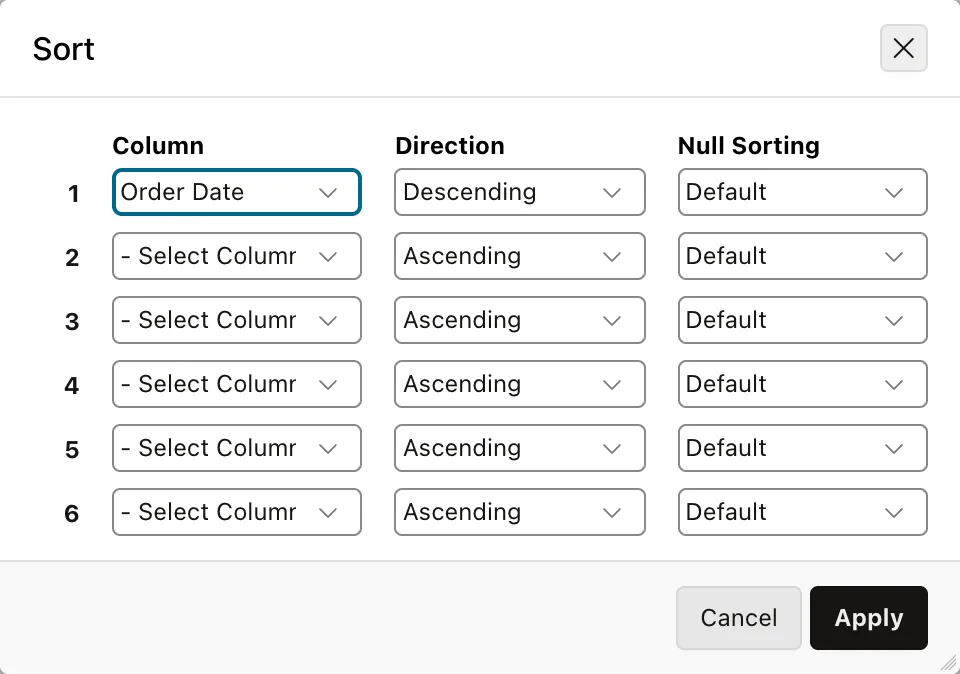 The sort dialog of an interactive report in Oracle APEX