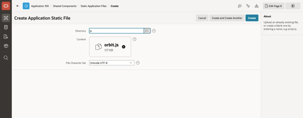 Uploading a static application file in Oracle APEX