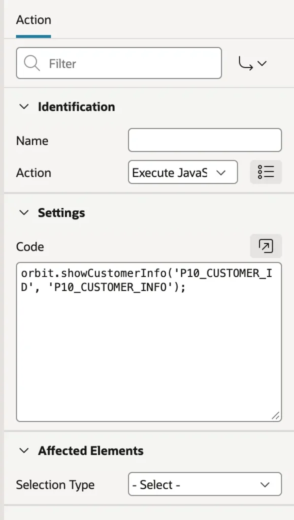 A dynamic action calling a shared JavaScript function in Oracle APEX