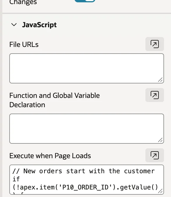 The JavaScript attributes of a page in Oracle APEX