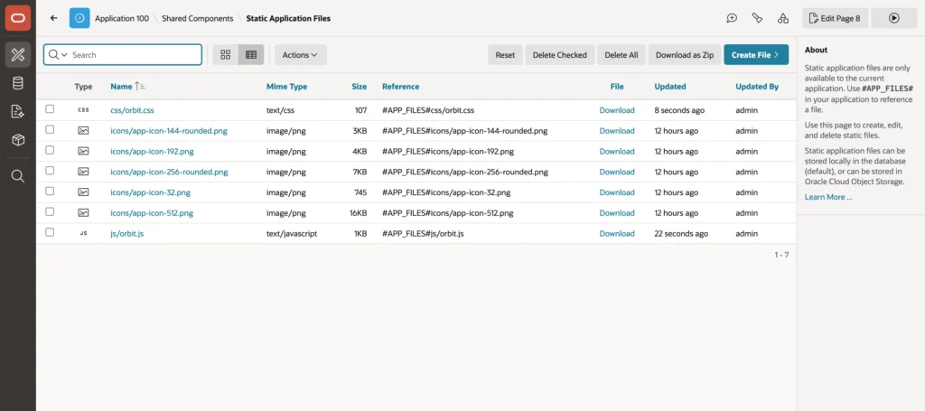 The list of static application files in Oracle APEX