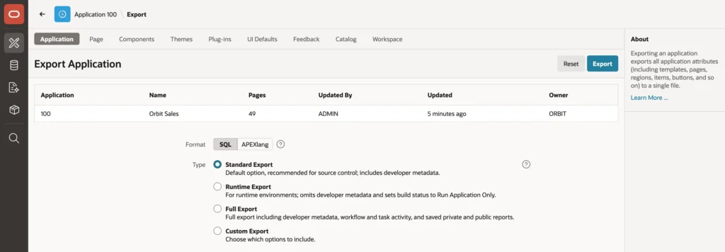 Exporting an Oracle APEX application