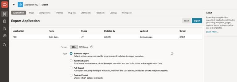 Exporting an Oracle APEX application