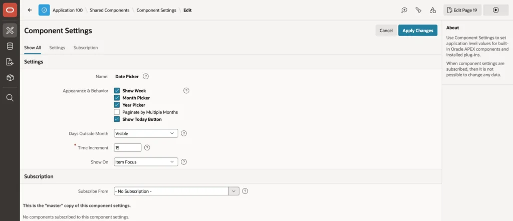 Component settings for the Date Picker in Oracle APEX