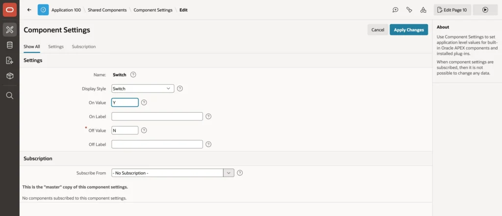 Component settings for the Switch item type in Oracle APEX