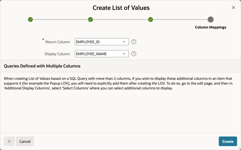 Choosing the return and display columns of a list of values