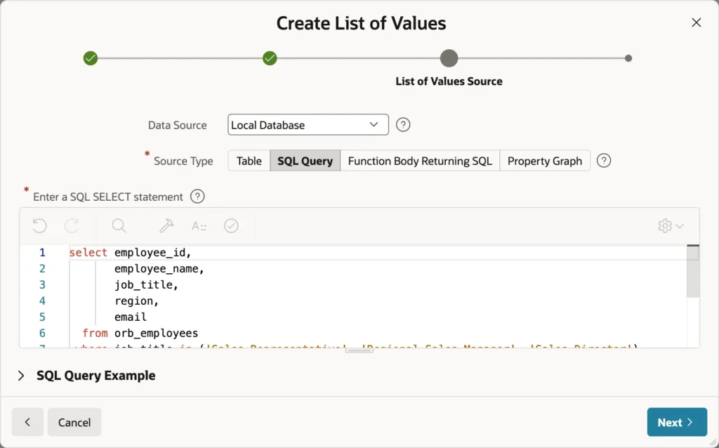 Defining the source of a dynamic list of values in Oracle APEX