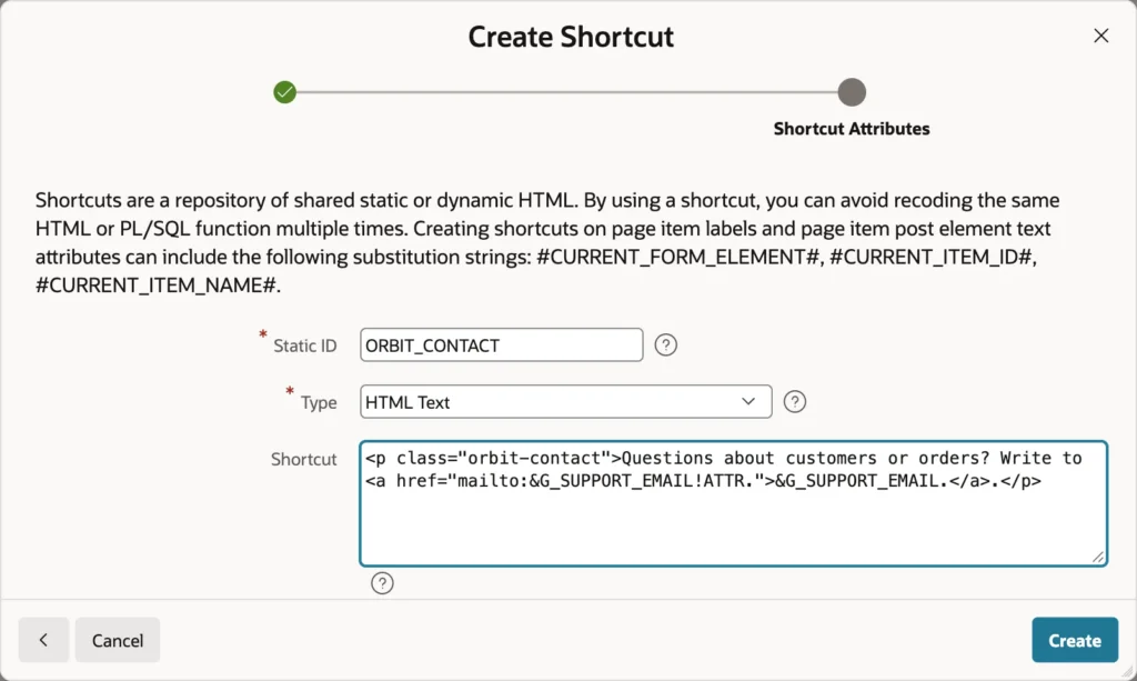 Creating a shortcut in Oracle APEX shared components