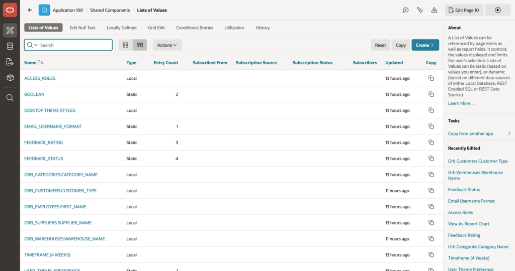 The shared lists of values of an Oracle APEX application