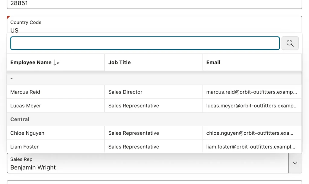 A popup list of values with several columns grouped by region