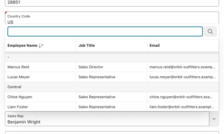 A popup list of values with several columns grouped by region