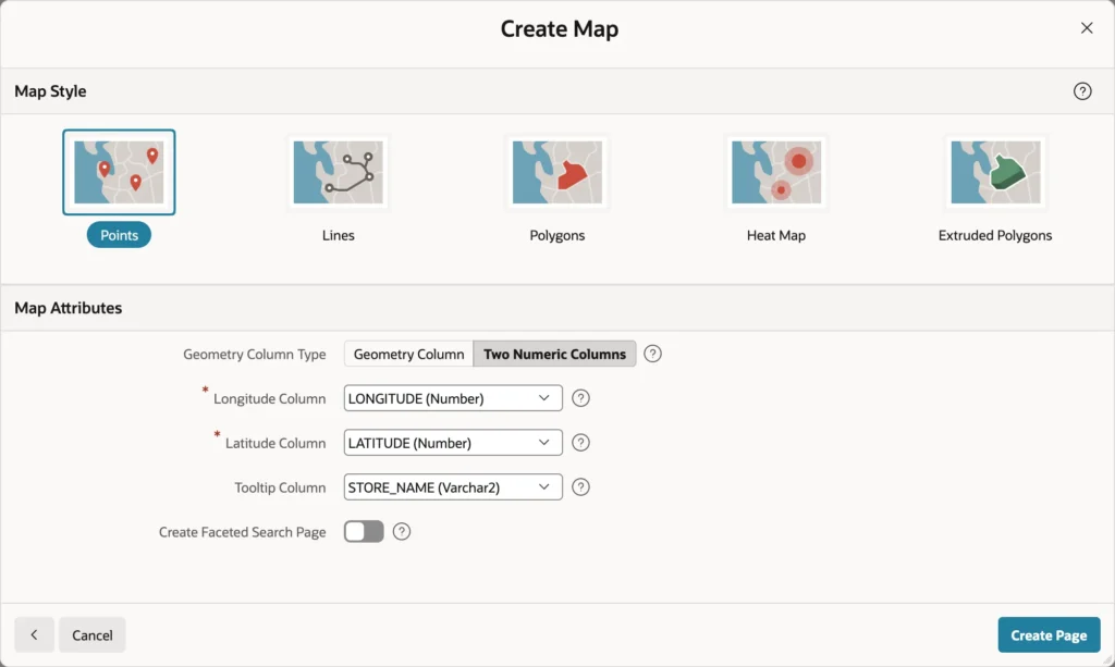 Creating a map page from longitude and latitude columns in Oracle APEX
