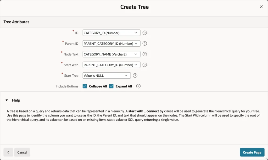 Creating a tree page in Oracle APEX
