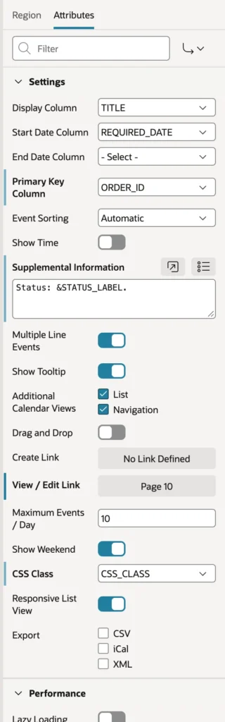 The attributes of a calendar region in Oracle APEX