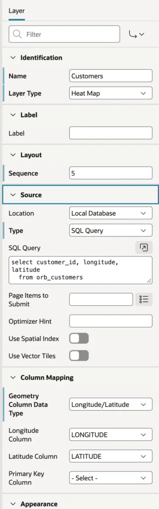 Configuring a heat map layer on an Oracle APEX map